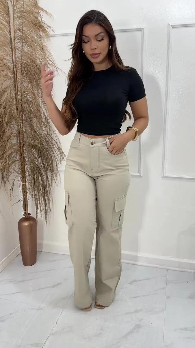 Calça Cargo Feminina Wide Leg Cintura Alta Jeans Stillger