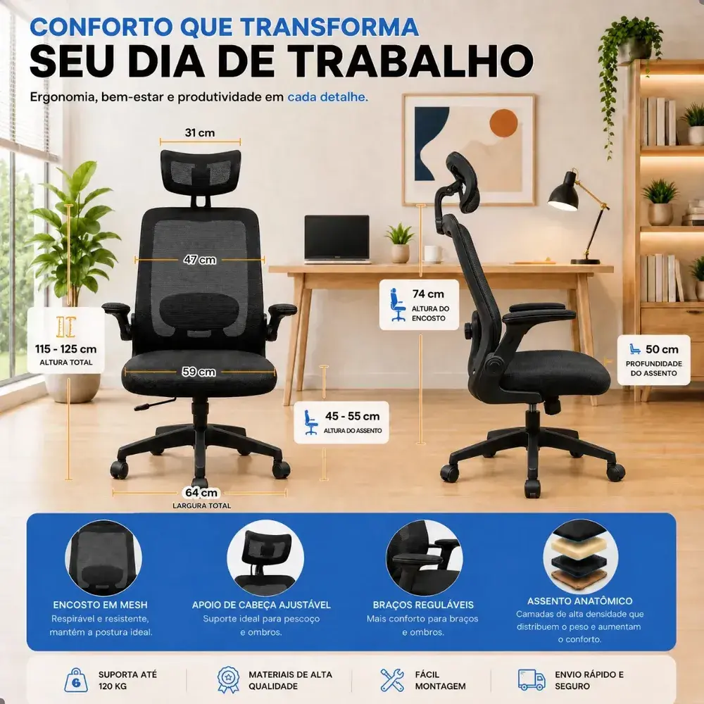 Cadeira Escritório Ergonômica Giratória Presidente Com Suporte Lombar Estofado Mesh 120kg Milão