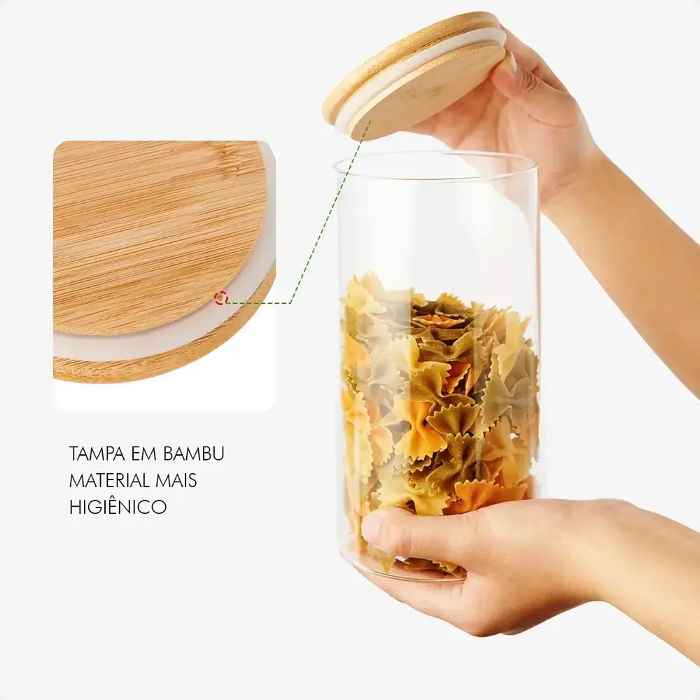 Kit 9 Potes Mantimentos Vidro Herméticos com Tampa Bambu Epsilon