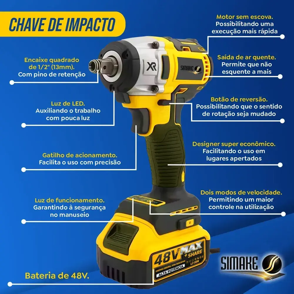 Kit Multi Ferramentas 4 Em 1 48v Sem Fio Com 2 Baterias Furadeira Parafusadeira Martelete Esmerilhadeira Chave De Impacto Com Maleta Simake