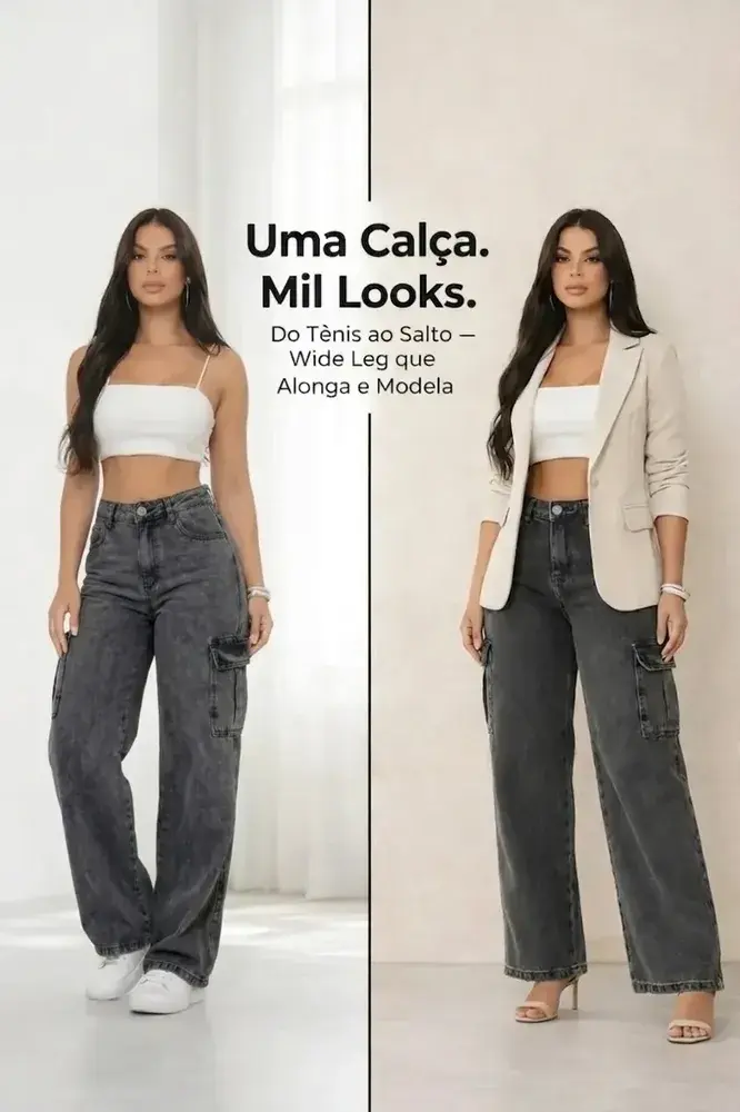 Calça Cargo Feminina Wide Leg Cintura Alta Jeans Stillger