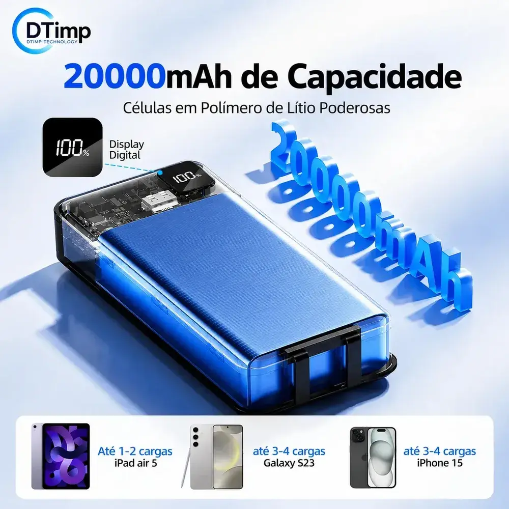 Carregador Portátil Power Bank Turbo 20000mah 22.5w Universal DTimp