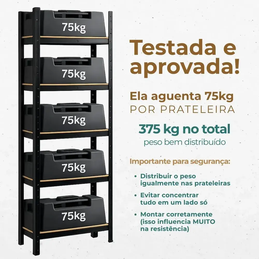 Estante Aço 5 Prateleiras Mdf Até 375kg 180cm X 60cm X 30cm Organizador Armário