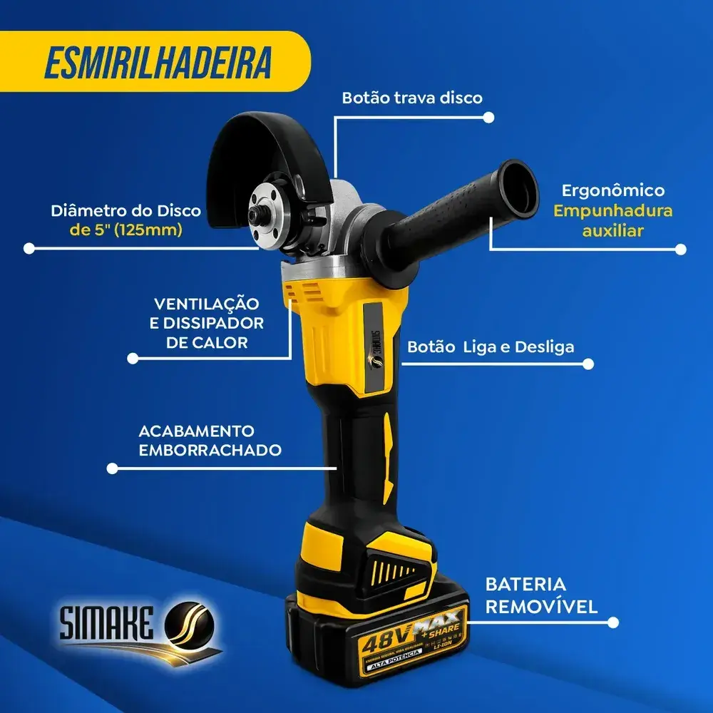 Kit Multi Ferramentas 4 Em 1 48v Sem Fio Com 2 Baterias Furadeira Parafusadeira Martelete Esmerilhadeira Chave De Impacto Com Maleta Simake