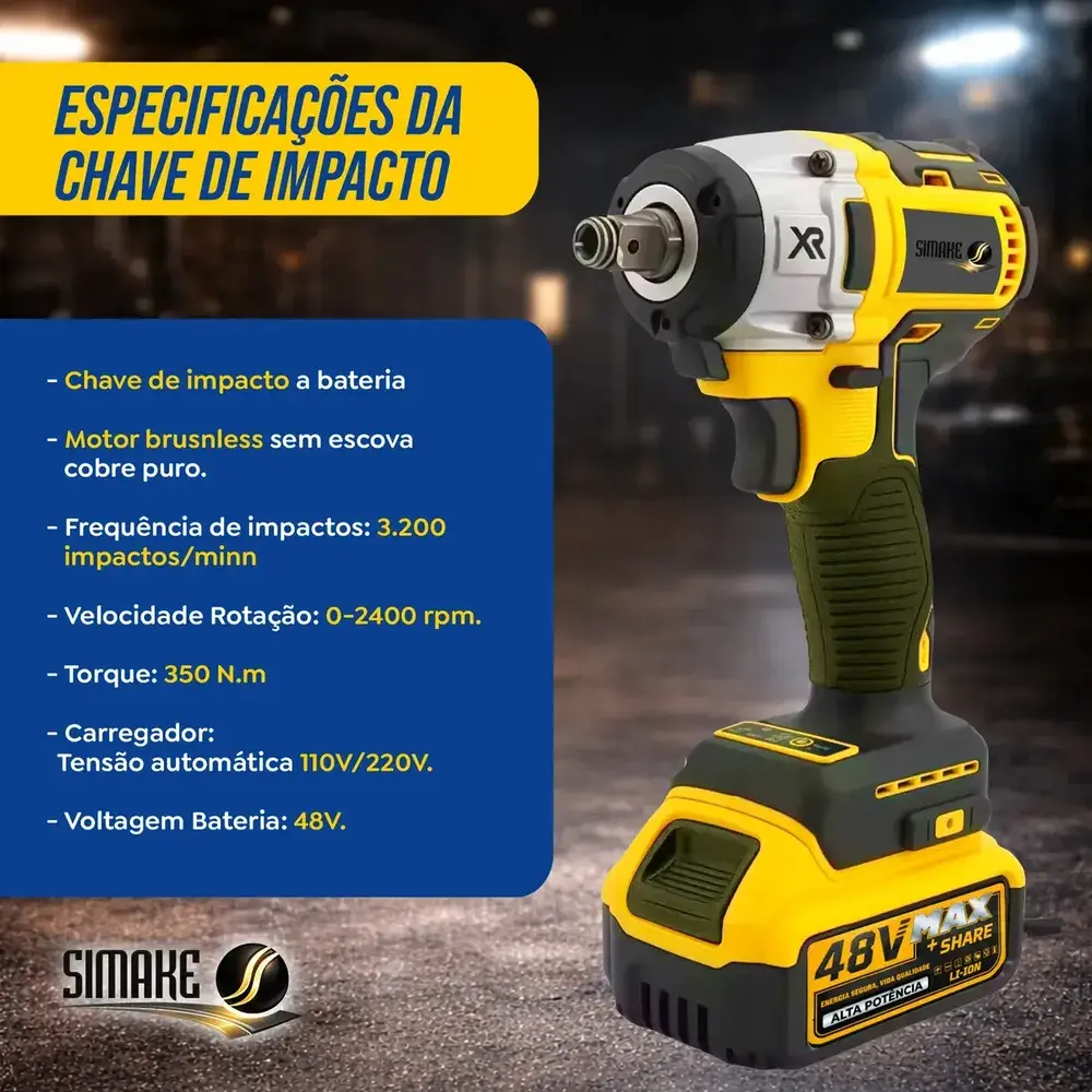 Kit Multi Ferramentas 4 Em 1 48v Sem Fio Com 2 Baterias Furadeira Parafusadeira Martelete Esmerilhadeira Chave De Impacto Com Maleta Simake