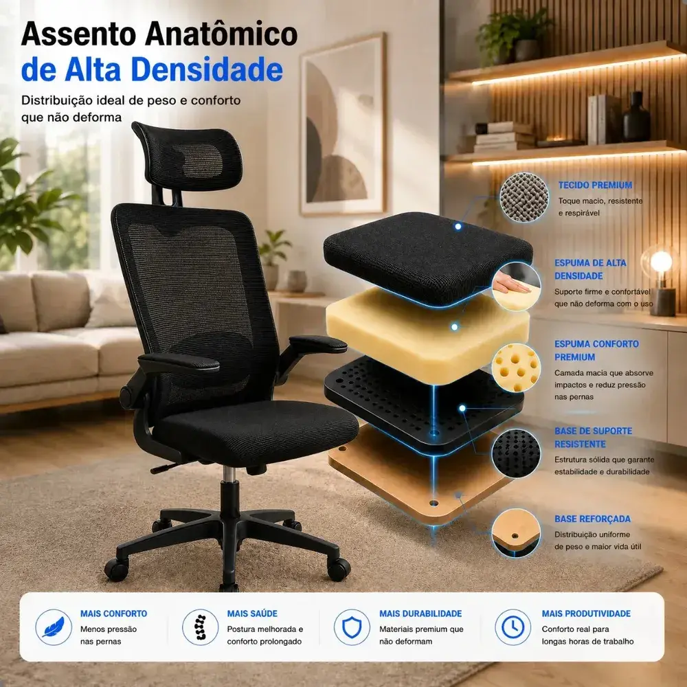 Cadeira Escritório Ergonômica Giratória Presidente Com Suporte Lombar Estofado Mesh 120kg Milão