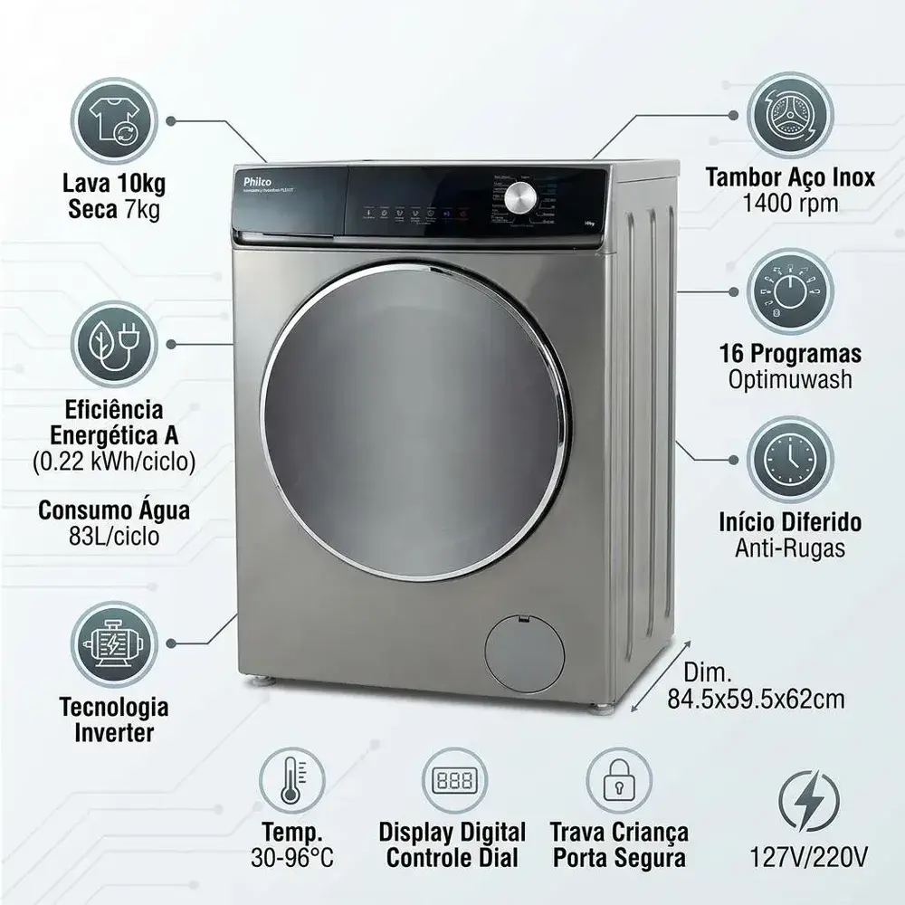 Lava e Seca Philco 16 Programas Eco Inverter 10kg Inox PLS11T