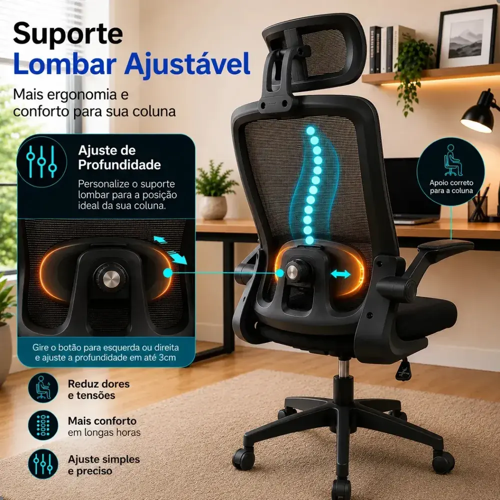 Cadeira Escritório Ergonômica Giratória Presidente Com Suporte Lombar Estofado Mesh 120kg Milão