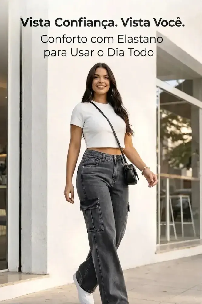 Calça Cargo Feminina Wide Leg Cintura Alta Jeans Stillger