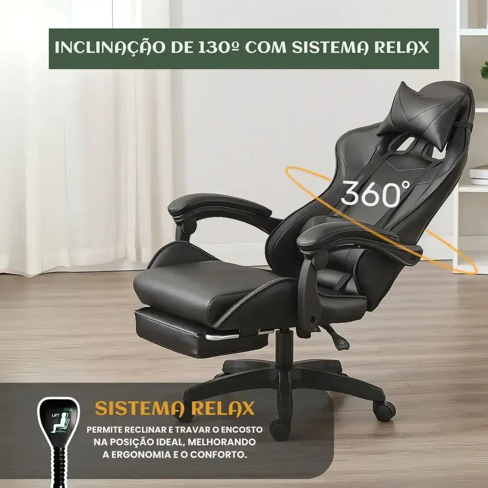 Cadeira De Escritório Gamer Nitro Ergonômica Estofado Couro Sintético Reclinável Cor Preto Luvinco