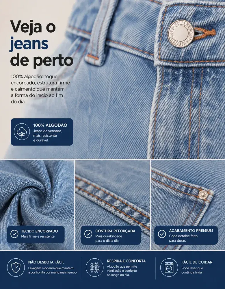 Calça Jeans Wide Leg Feminina Cintura Alta Sem Lycra Stillge