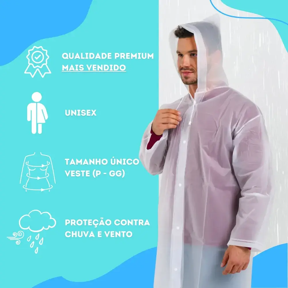 Capa De Chuva Transparente Pvc Resistente Unissex Adulto