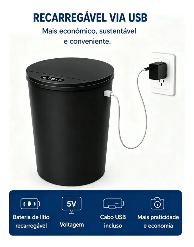 Lixeira Redonda Preta Inteligente 16L Automática com Sensor para Banheiro e Cozinha