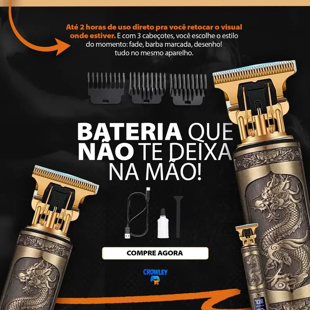 Máquina Acabamento Dragão com Visor Display Cortar Cabelo Aparador Barba - Crowley