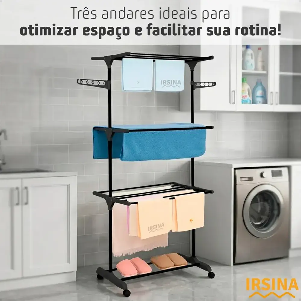 Varal Dobrável De Chão 3 Andares De Roupas Grande Com Rodinha Aba Lateral Retrátil Para Cabide Irsina