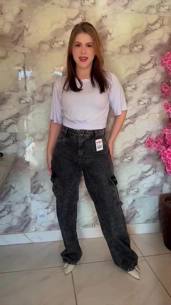 Calça Cargo Feminina Wide Leg Cintura Alta Jeans Stillger