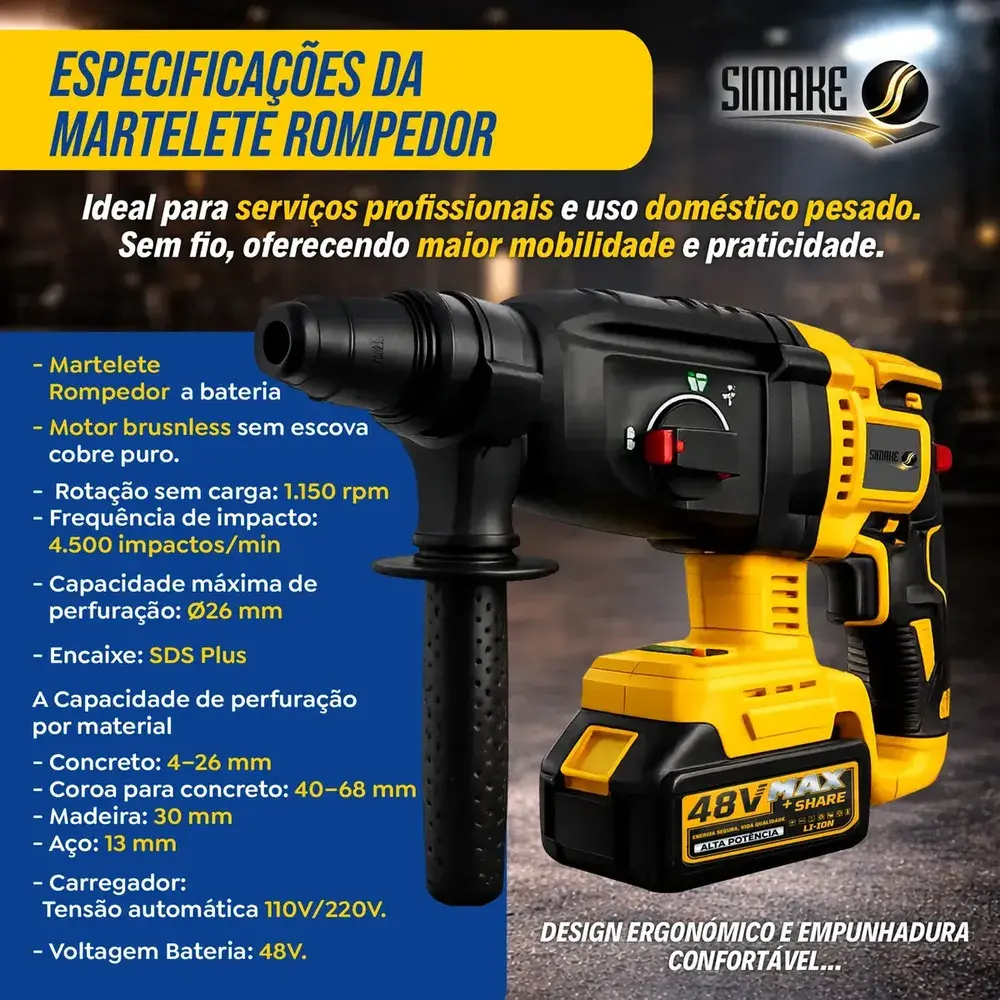 Kit Multi Ferramentas 4 Em 1 48v Sem Fio Com 2 Baterias Furadeira Parafusadeira Martelete Esmerilhadeira Chave De Impacto Com Maleta Simake