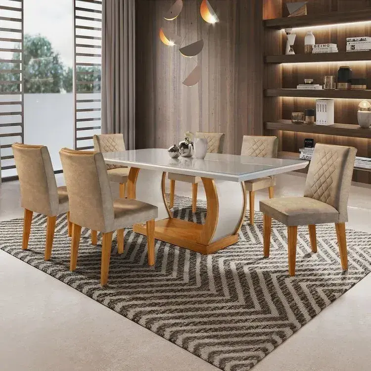 Conjunto Sala de Jantar Mesa Tampo de Vidro 6 Cadeiras Animalle