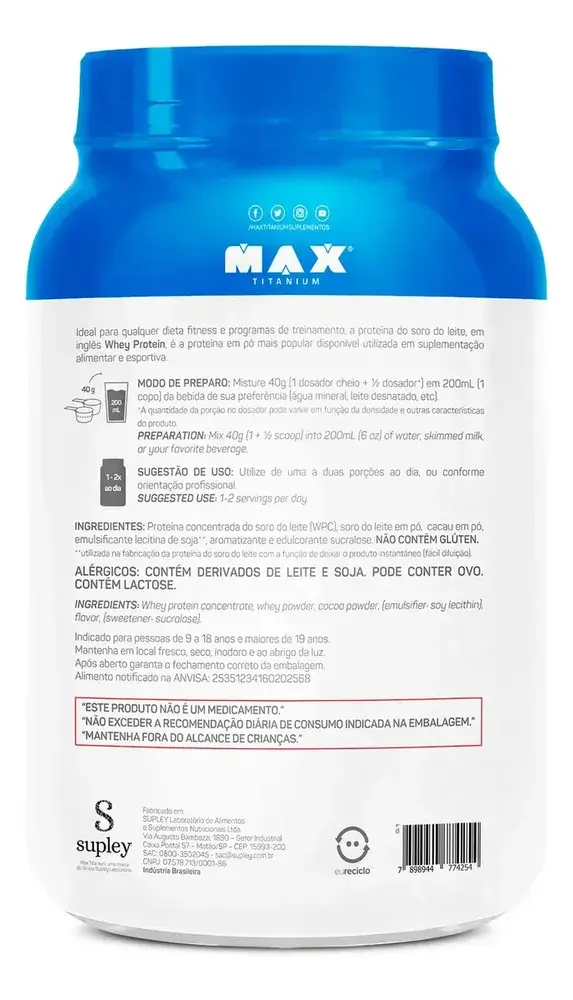Whey Protein 1kg Whey Pro Max Titanium Sabor Chocolate BCAA e Aminoácidos