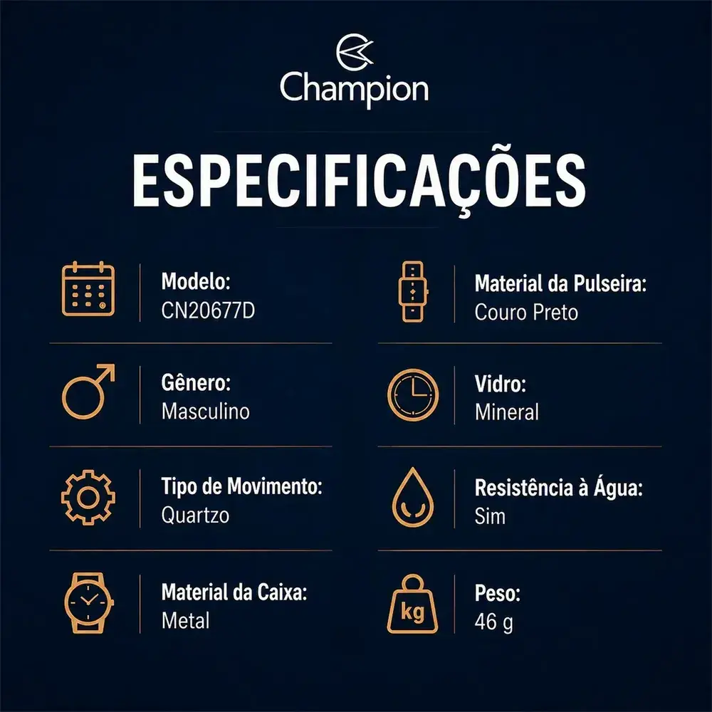 Relógio Champion Masculino Social Original Couro Preto