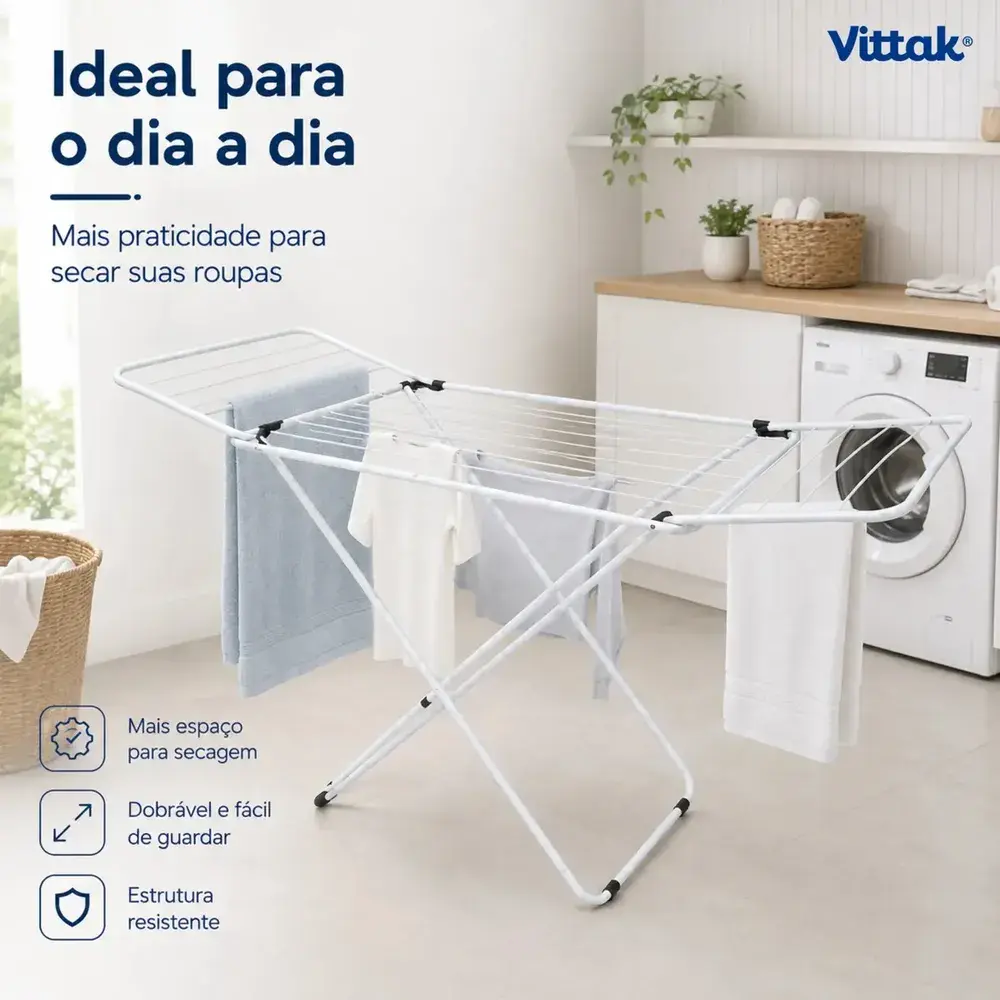 Vittak Varal de Chão Slim Dobrável com Abas Retráteis em Aço Reforçado