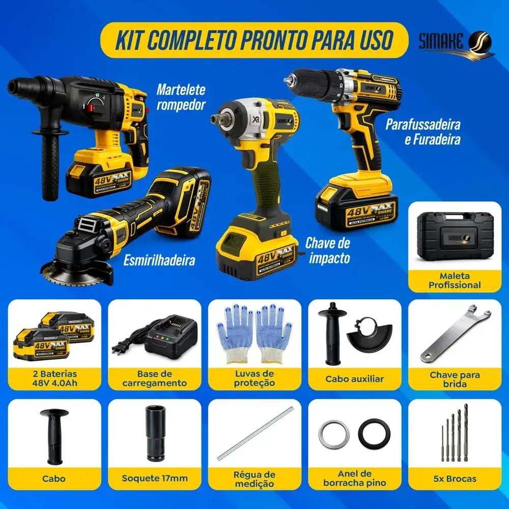 Kit Multi Ferramentas 4 Em 1 48v Sem Fio Com 2 Baterias Furadeira Parafusadeira Martelete Esmerilhadeira Chave De Impacto Com Maleta Simake