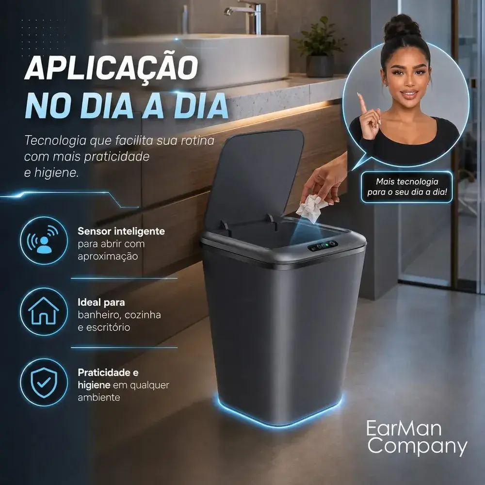 Lixeira Inteligente Automática com Sensor Recarregável Anti Odor 16L