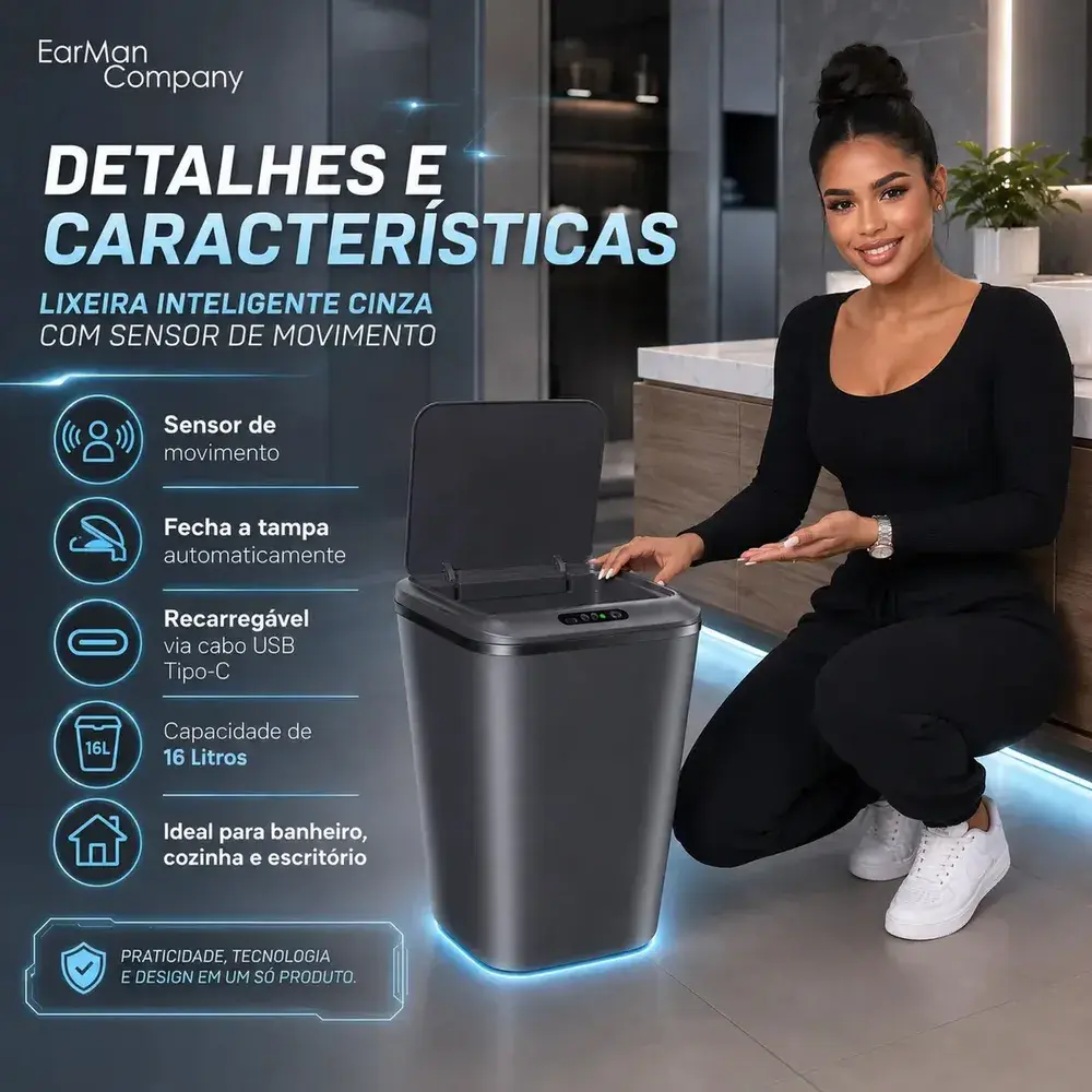 Lixeira Inteligente Automática com Sensor Recarregável Anti Odor 16L