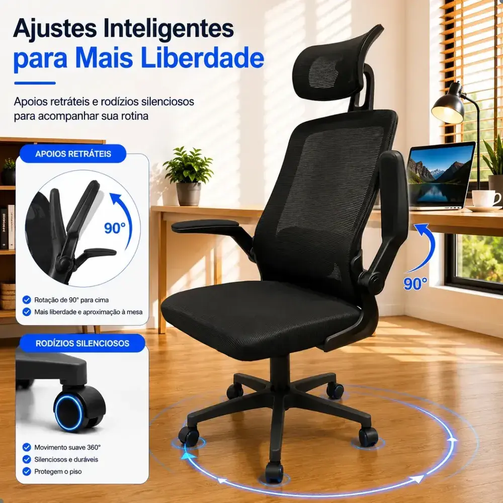 Cadeira Escritório Ergonômica Giratória Presidente Com Suporte Lombar Estofado Mesh 120kg Milão
