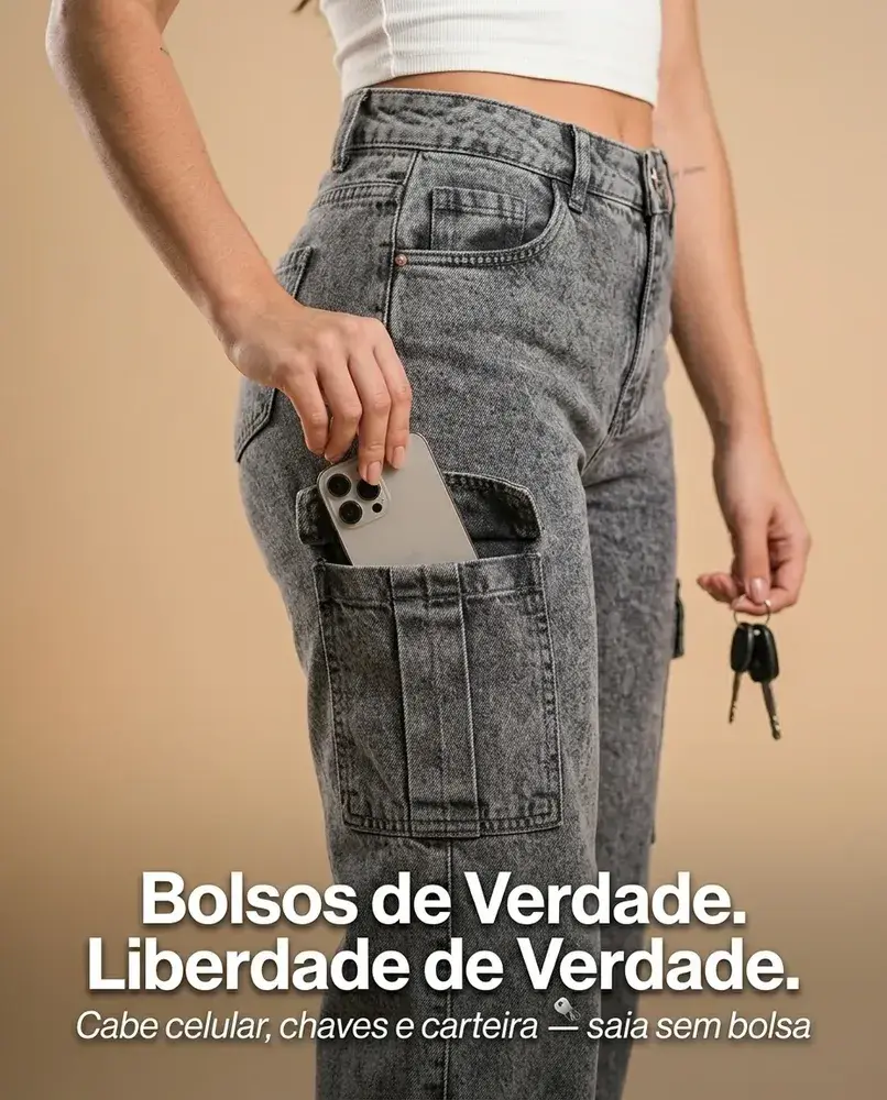 Calça Cargo Feminina Wide Leg Cintura Alta Jeans Stillger