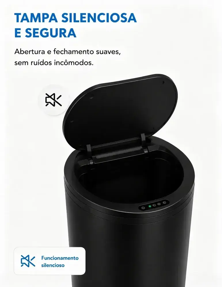 Lixeira Redonda Preta Inteligente 16L Automática com Sensor para Banheiro e Cozinha