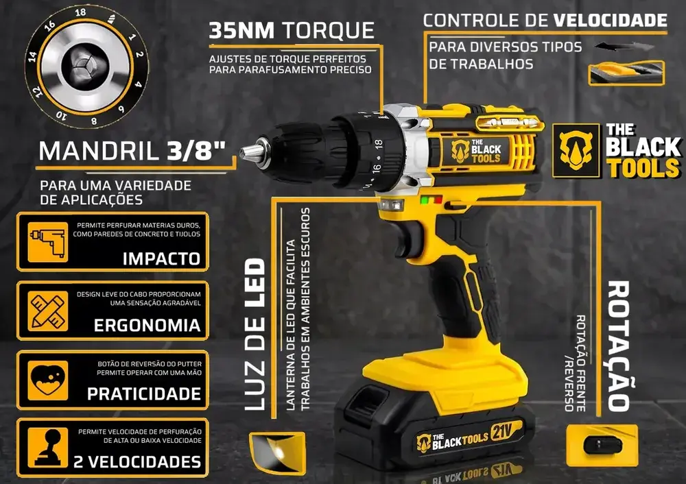 Parafusadeira e Furadeira Impacto The Black Tools TB-21PW 3/8