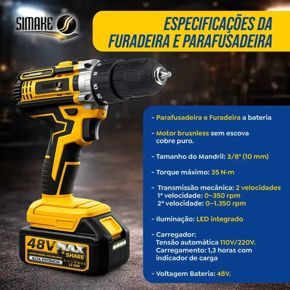 Kit Multi Ferramentas 4 Em 1 48v Sem Fio Com 2 Baterias Furadeira Parafusadeira Martelete Esmerilhadeira Chave De Impacto Com Maleta Simake