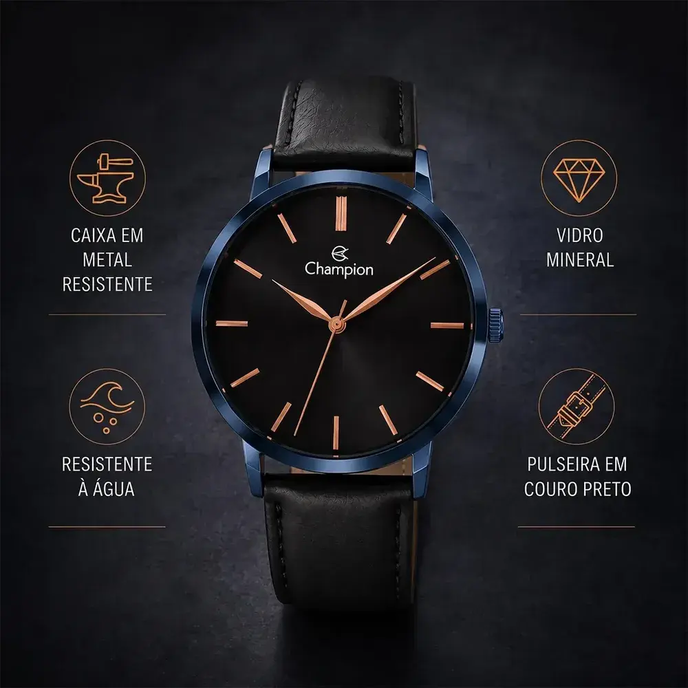 Relógio Champion Masculino Social Original Couro Preto