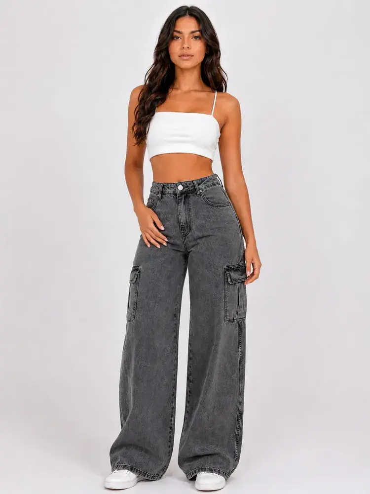 Calça Cargo Feminina Wide Leg Cintura Alta Jeans Stillger