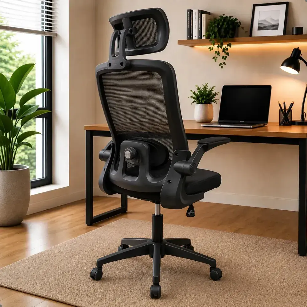 Cadeira Escritório Ergonômica Giratória Presidente Com Suporte Lombar Estofado Mesh 120kg Milão