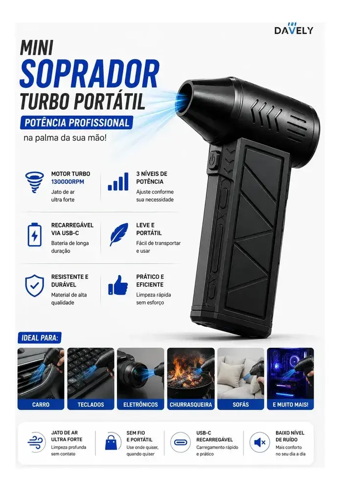 Mini Ventilador Soprador Ar Turbo 130000rpm Assoprador Sem Fio Recarregável Usb 3 Níveis Davely