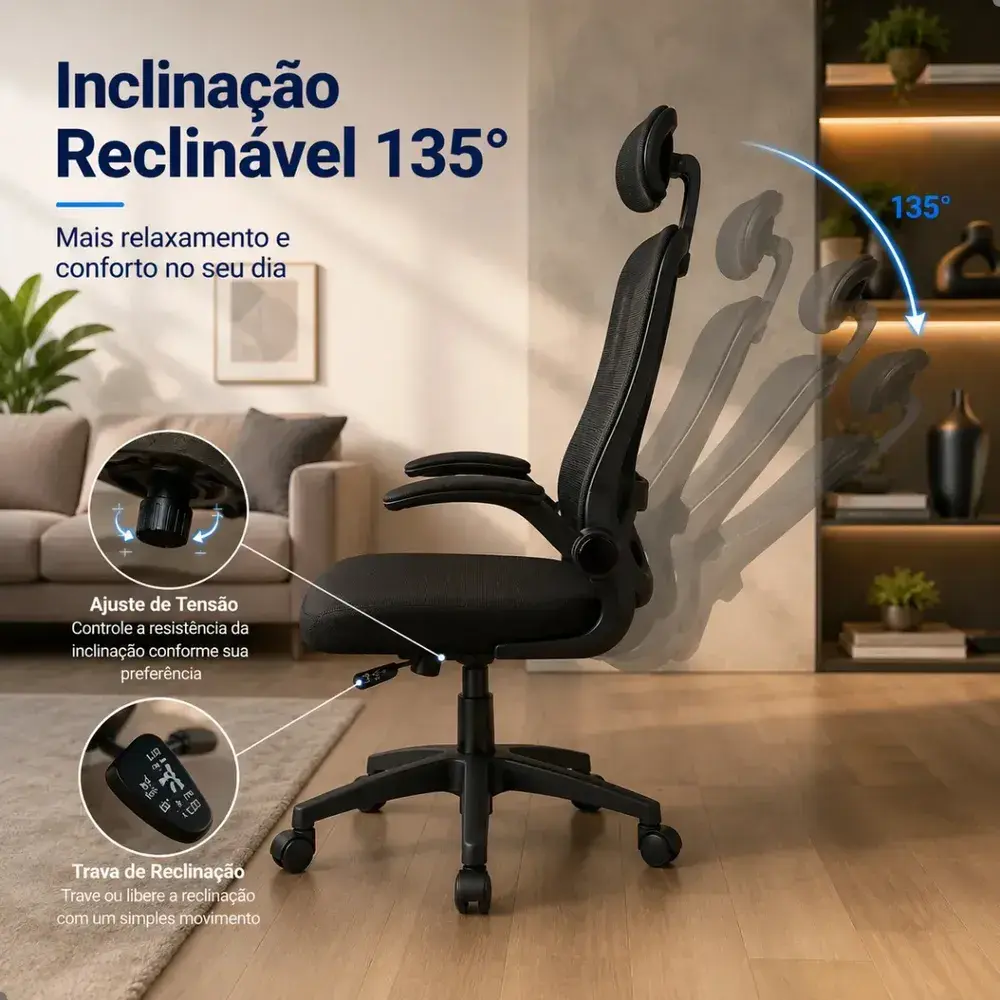 Cadeira Escritório Ergonômica Giratória Presidente Com Suporte Lombar Estofado Mesh 120kg Milão