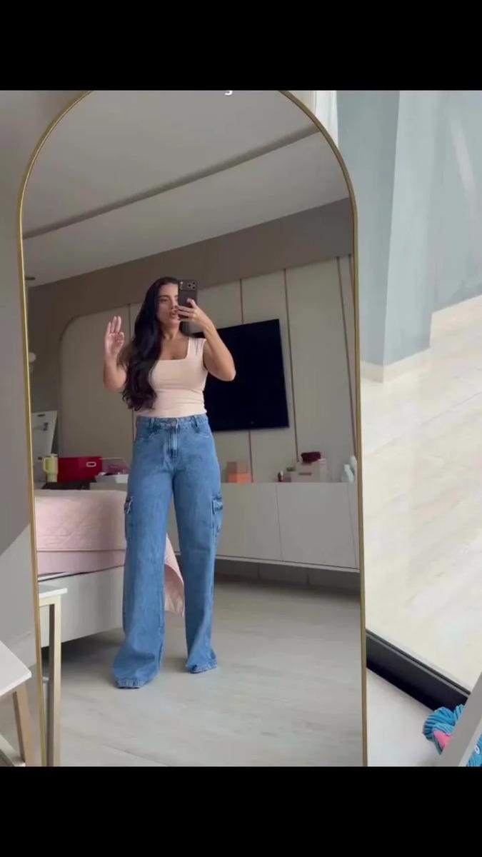 Calça Cargo Feminina Wide Leg Cintura Alta Jeans Stillger
