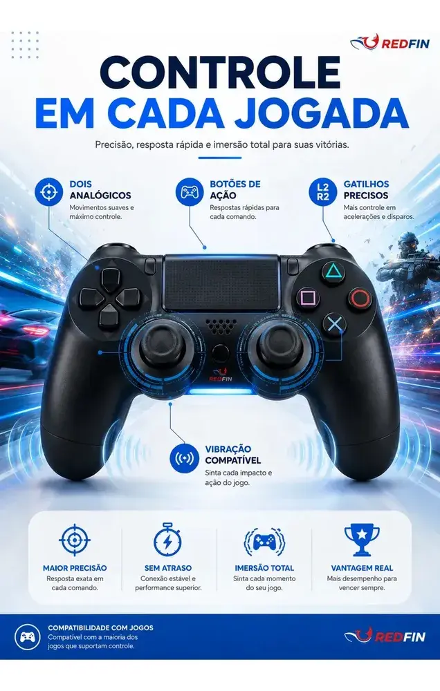 Controle Sem Fio Joystick Bluetooth para PS4 TV Smart PC Redfin
