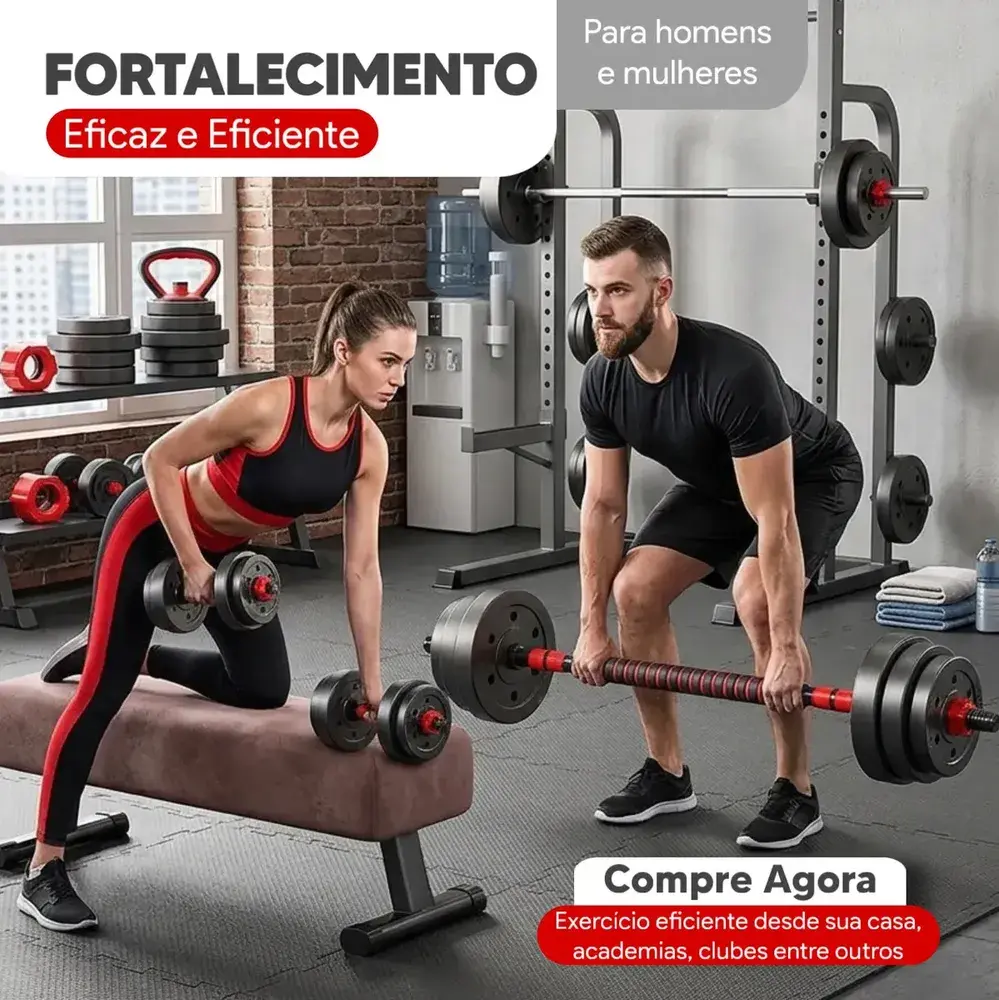 Kit Halteres Barra E Anilhas Musculação Kettlebell Ajustáveis Peso Academia 15kg