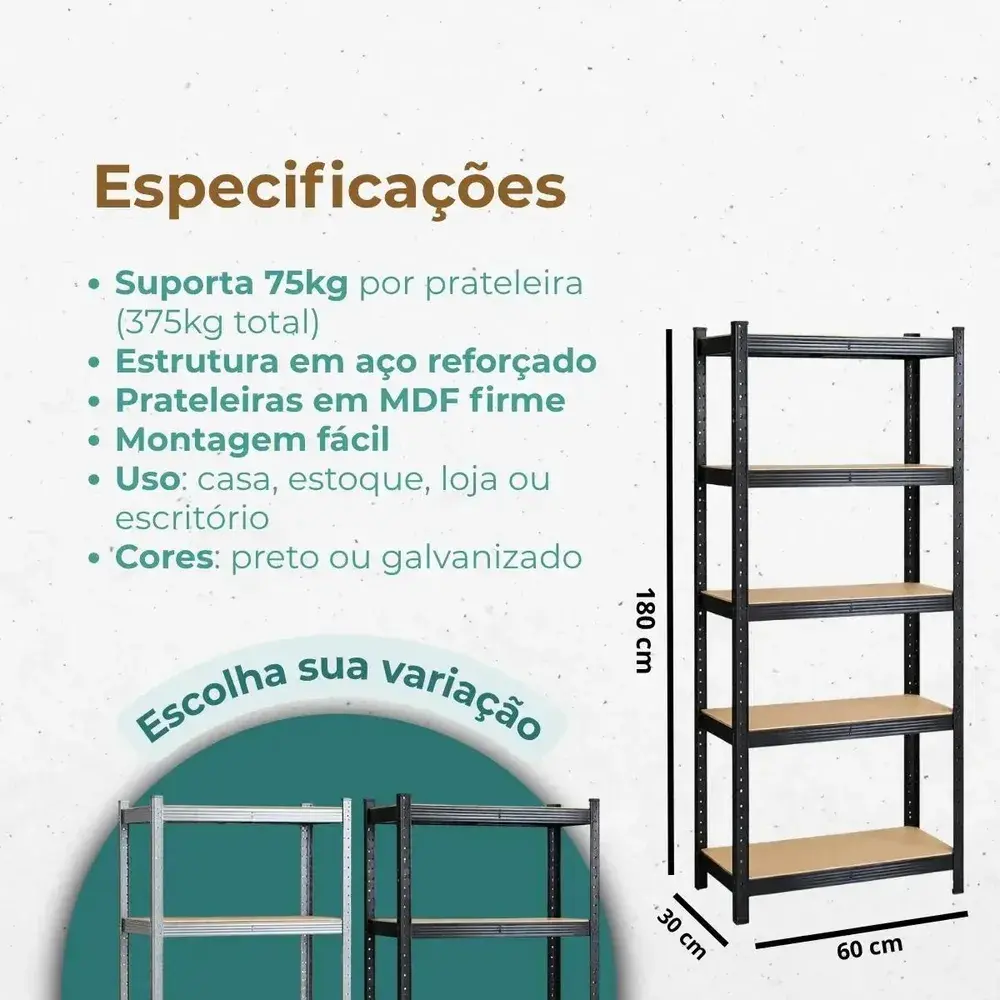 Estante Aço 5 Prateleiras Mdf Até 375kg 180cm X 60cm X 30cm Organizador Armário