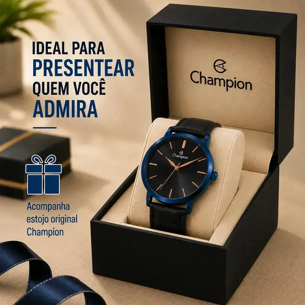 Relógio Champion Masculino Social Original Couro Preto