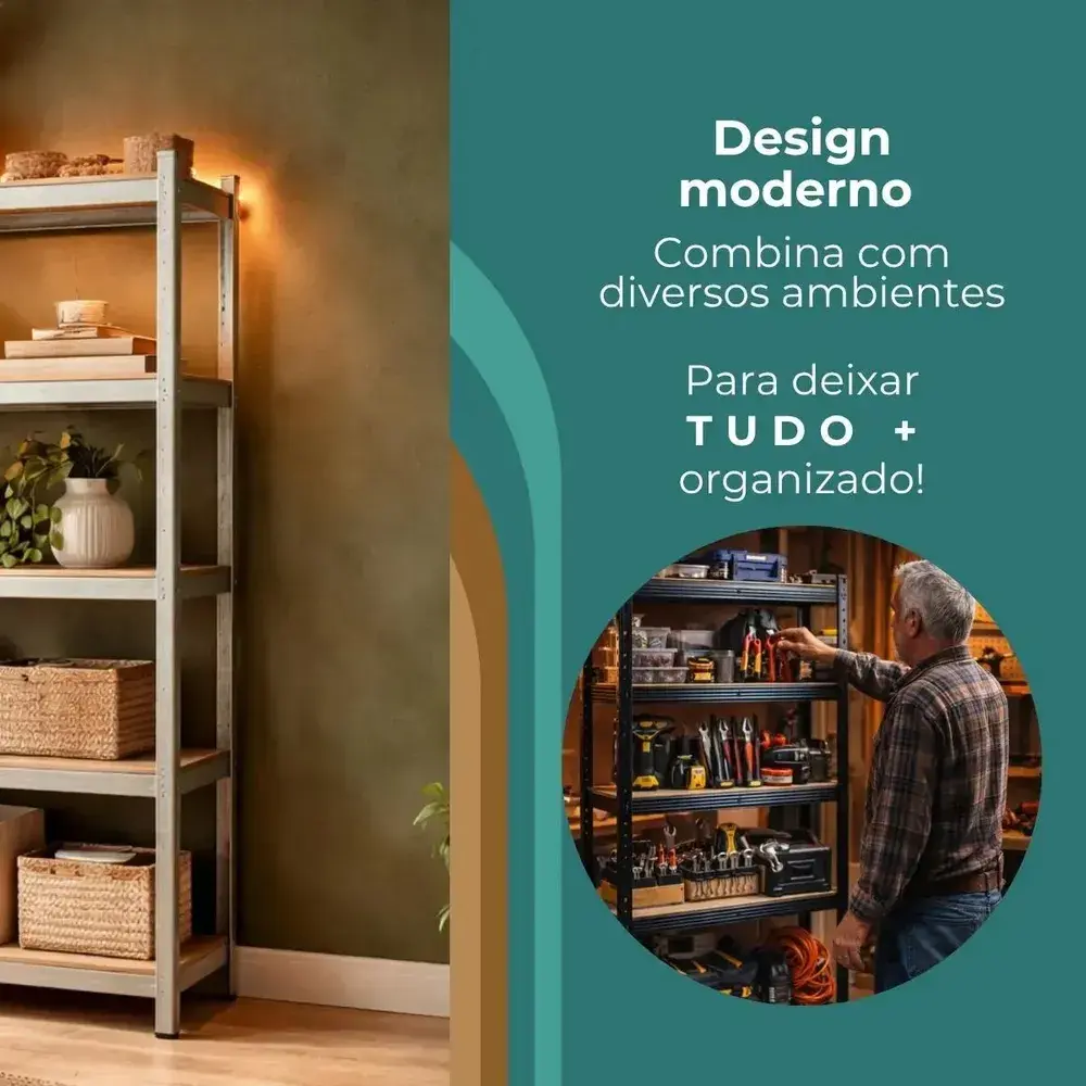 Estante Aço 5 Prateleiras Mdf Até 375kg 180cm X 60cm X 30cm Organizador Armário