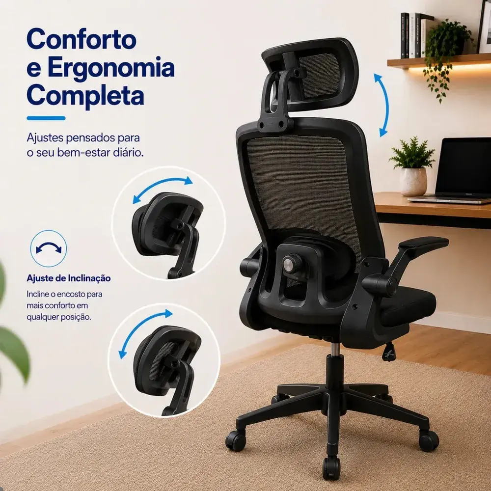 Cadeira Escritório Ergonômica Giratória Presidente Com Suporte Lombar Estofado Mesh 120kg Milão