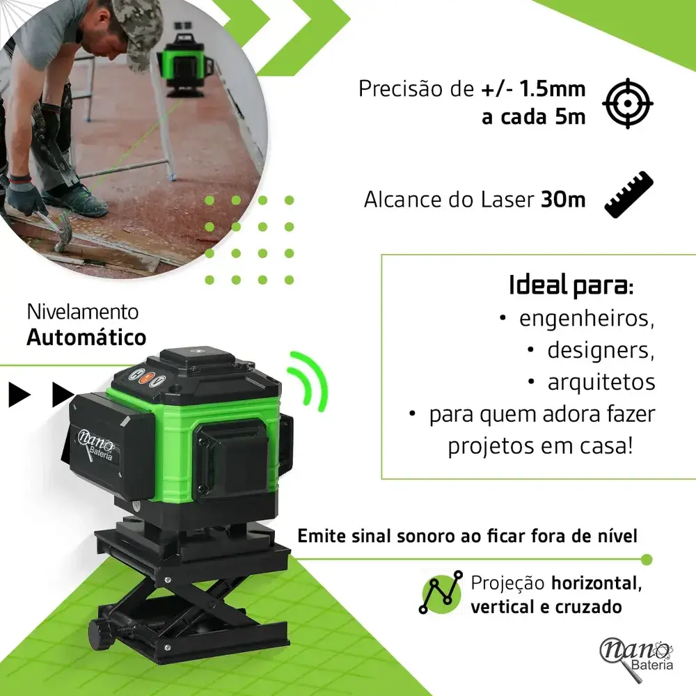 Kit Nível A Laser Verde 12 Linhas Esquadro + Suporte + Tripé Recarregavel Profissional Prumo Autonivelante Nano Bateria