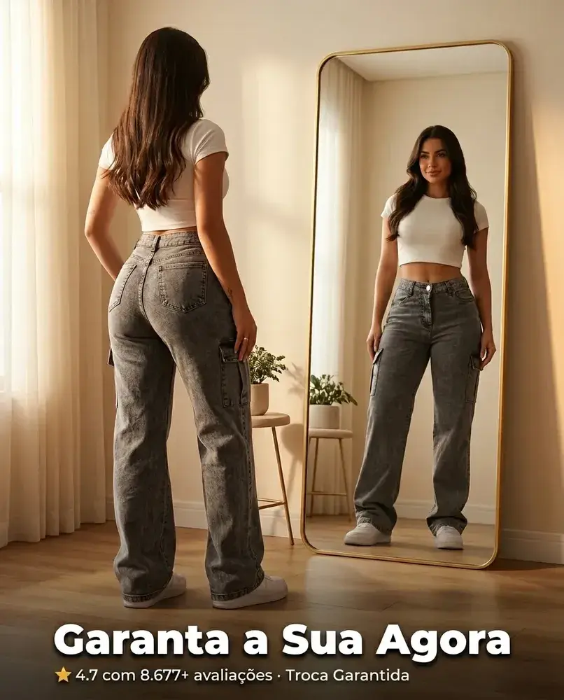 Calça Cargo Feminina Wide Leg Cintura Alta Jeans Stillger