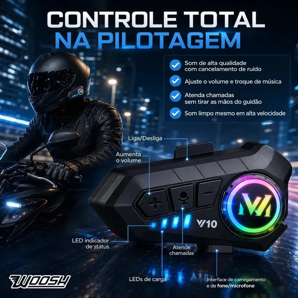 Fone de Ouvido para Capacete Intercomunicador Bluetooth Headset RGB - Woosh