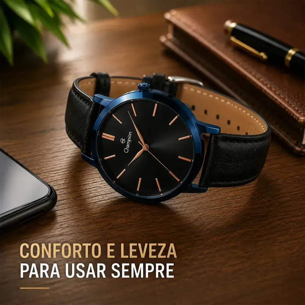 Relógio Champion Masculino Social Original Couro Preto