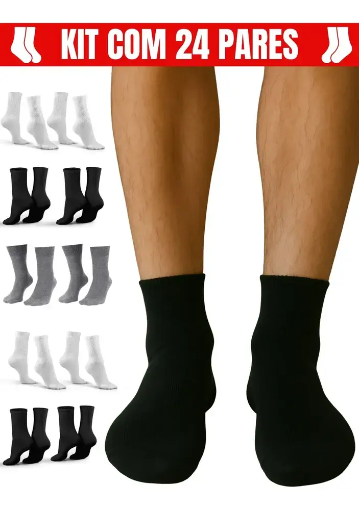Kit 24 Pares Meias Masculina Cano Alto Algodão Longo Médio